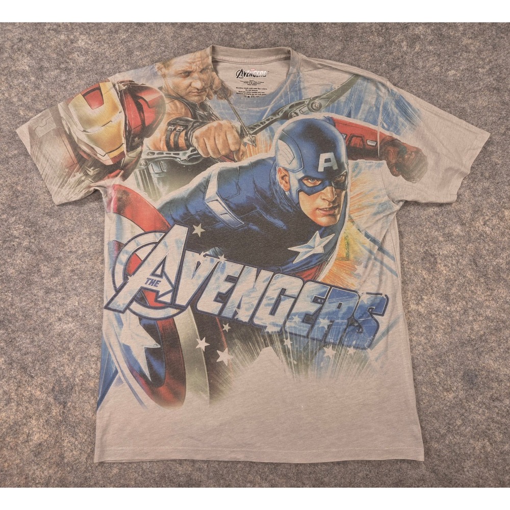 Marvel Avengers T-Shirt Mens Large Gray Captain America Iron Man Hawkeye AOP